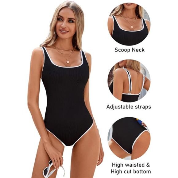 Women's Black One Piece Swimsuit Sports‎ Adjustable Strap Bathing Suit Bikini - Picture 3 of 6